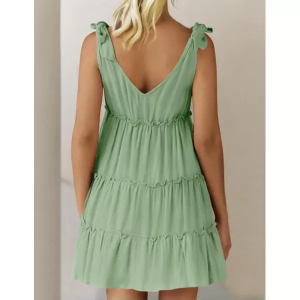 imageZESICA Womens Summer Casual V Neck Sleeveless Mini Dress 2024 Tie Shoulder Tiered Ruffle Swing A Line Short SundressesGreen