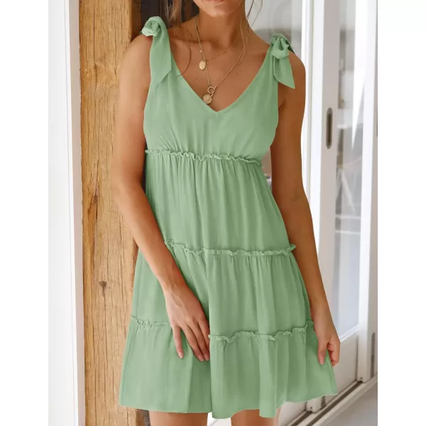 imageZESICA Womens Summer Casual V Neck Sleeveless Mini Dress 2024 Tie Shoulder Tiered Ruffle Swing A Line Short SundressesGreen