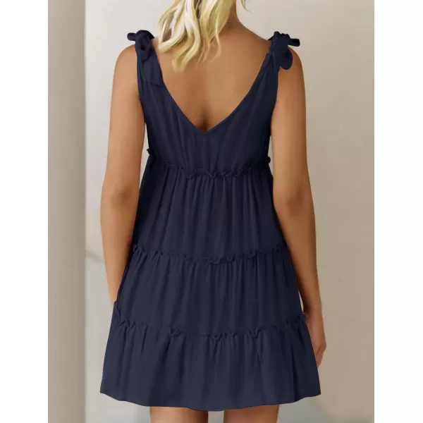 imageZESICA Womens Summer Casual V Neck Sleeveless Mini Dress 2024 Tie Shoulder Tiered Ruffle Swing A Line Short SundressesNavy