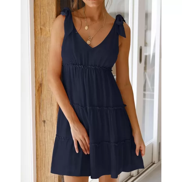 imageZESICA Womens Summer Casual V Neck Sleeveless Mini Dress 2024 Tie Shoulder Tiered Ruffle Swing A Line Short SundressesNavy