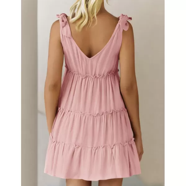 imageZESICA Womens Summer Casual V Neck Sleeveless Mini Dress 2024 Tie Shoulder Tiered Ruffle Swing A Line Short SundressesPink