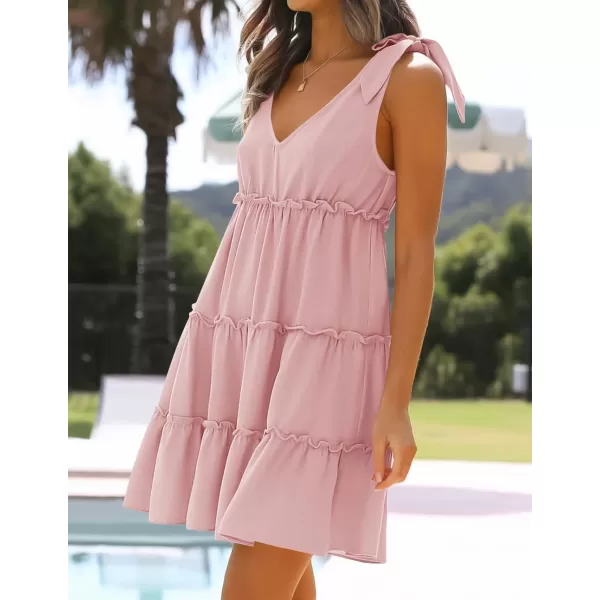 imageZESICA Womens Summer Casual V Neck Sleeveless Mini Dress 2024 Tie Shoulder Tiered Ruffle Swing A Line Short SundressesPink