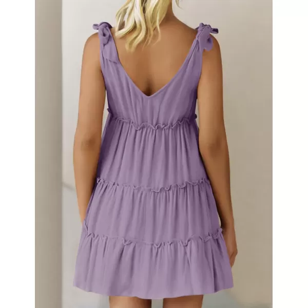 imageZESICA Womens Summer Casual V Neck Sleeveless Mini Dress 2024 Tie Shoulder Tiered Ruffle Swing A Line Short SundressesPurple