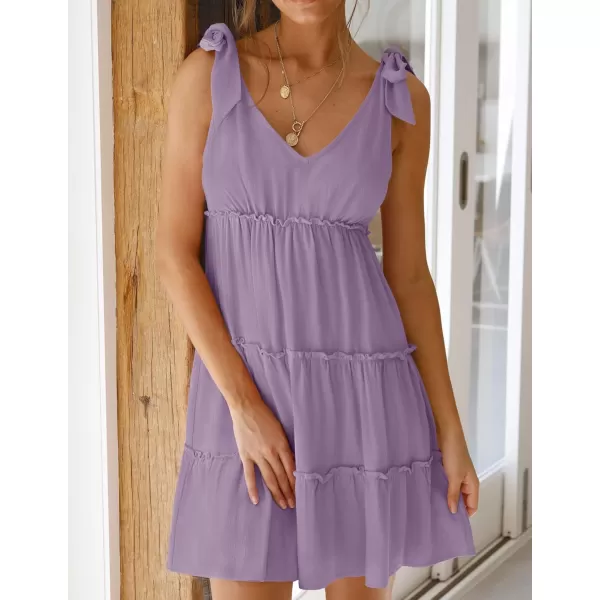 imageZESICA Womens Summer Casual V Neck Sleeveless Mini Dress 2024 Tie Shoulder Tiered Ruffle Swing A Line Short SundressesPurple