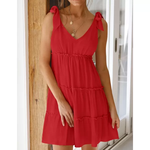 imageZESICA Womens Summer Casual V Neck Sleeveless Mini Dress 2024 Tie Shoulder Tiered Ruffle Swing A Line Short SundressesTomato