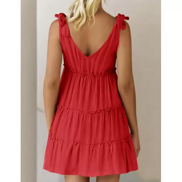 imageZESICA Womens Summer Casual V Neck Sleeveless Mini Dress 2024 Tie Shoulder Tiered Ruffle Swing A Line Short SundressesTomato