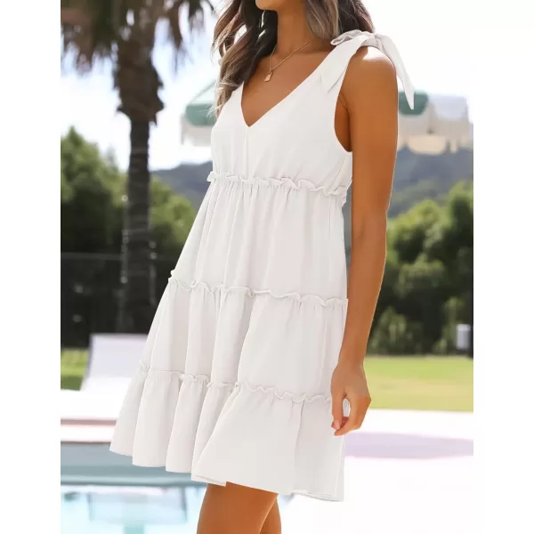 imageZESICA Womens Summer Casual V Neck Sleeveless Mini Dress 2024 Tie Shoulder Tiered Ruffle Swing A Line Short SundressesWhite