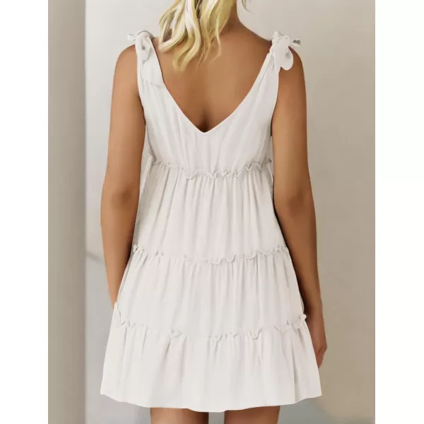 imageZESICA Womens Summer Casual V Neck Sleeveless Mini Dress 2024 Tie Shoulder Tiered Ruffle Swing A Line Short SundressesWhite