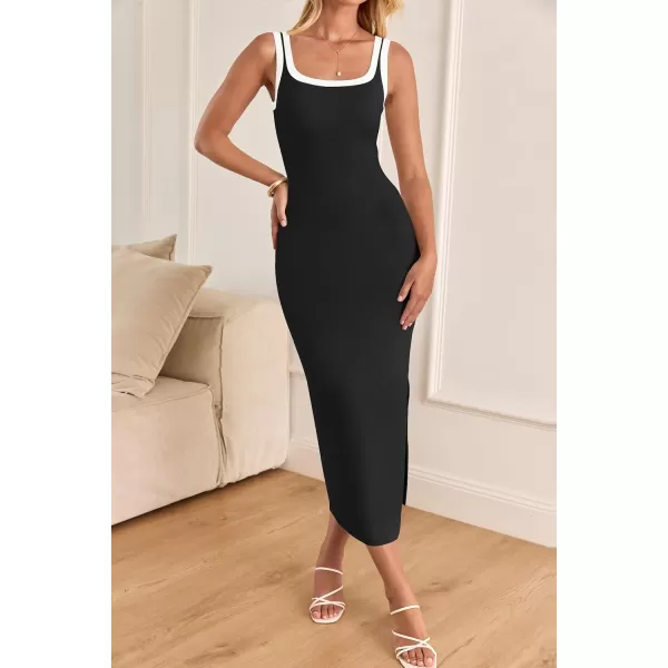 imageZESICA Womens Summer Knitted Bodycon Midi Dress 2024 Casual Sleeveless Square Neck Side Slit Vacation Long DressesBlack