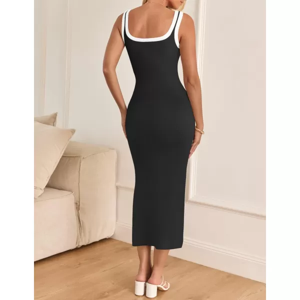 imageZESICA Womens Summer Knitted Bodycon Midi Dress 2024 Casual Sleeveless Square Neck Side Slit Vacation Long DressesBlack
