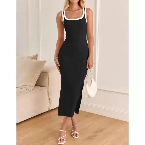 imageZESICA Womens Summer Knitted Bodycon Midi Dress 2024 Casual Sleeveless Square Neck Side Slit Vacation Long DressesBlack