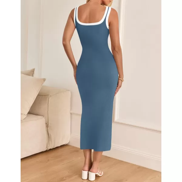 imageZESICA Womens Summer Knitted Bodycon Midi Dress 2024 Casual Sleeveless Square Neck Side Slit Vacation Long DressesDark Blue