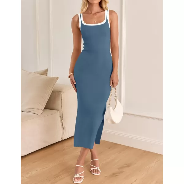 imageZESICA Womens Summer Knitted Bodycon Midi Dress 2024 Casual Sleeveless Square Neck Side Slit Vacation Long DressesDark Blue