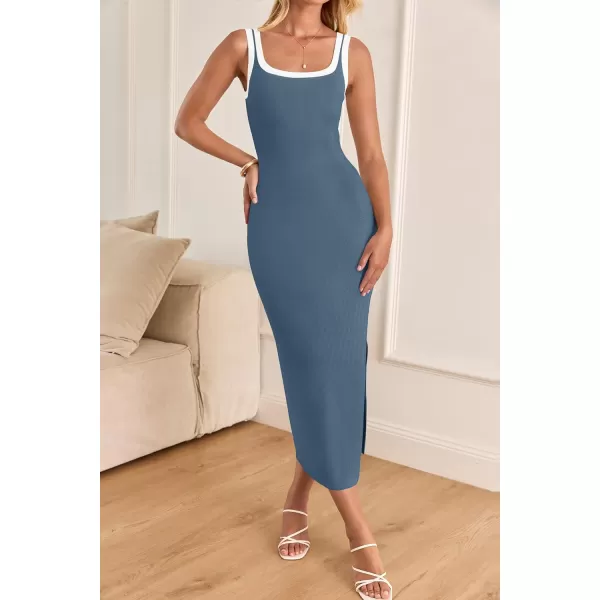 imageZESICA Womens Summer Knitted Bodycon Midi Dress 2024 Casual Sleeveless Square Neck Side Slit Vacation Long DressesDark Blue
