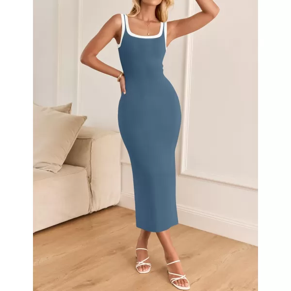 imageZESICA Womens Summer Knitted Bodycon Midi Dress 2024 Casual Sleeveless Square Neck Side Slit Vacation Long DressesDark Blue