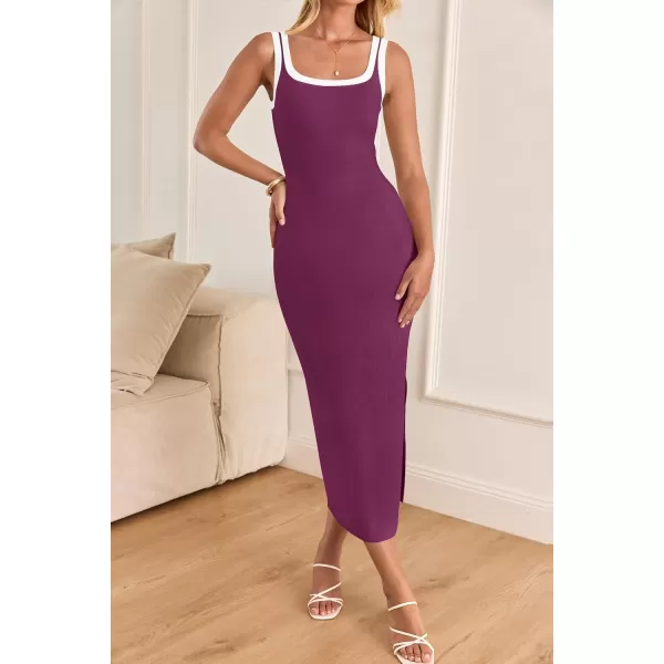 imageZESICA Womens Summer Knitted Bodycon Midi Dress 2024 Casual Sleeveless Square Neck Side Slit Vacation Long DressesFuchsia