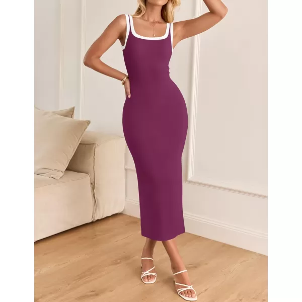imageZESICA Womens Summer Knitted Bodycon Midi Dress 2024 Casual Sleeveless Square Neck Side Slit Vacation Long DressesFuchsia