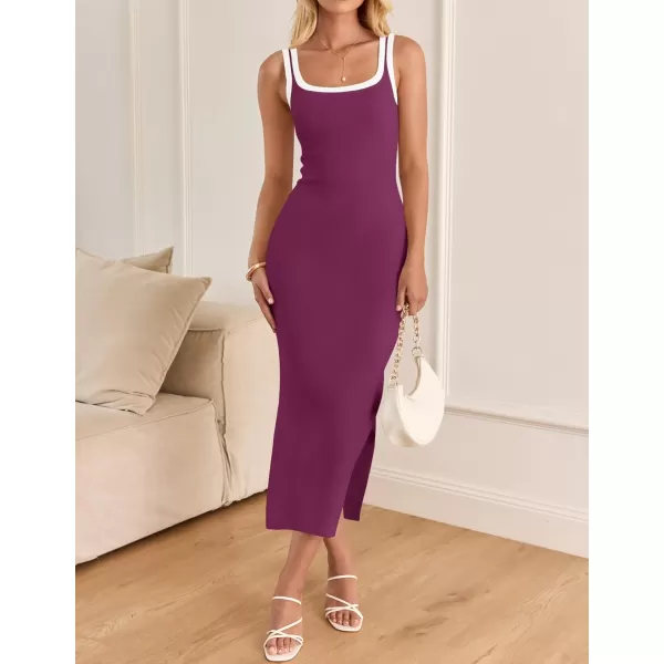 imageZESICA Womens Summer Knitted Bodycon Midi Dress 2024 Casual Sleeveless Square Neck Side Slit Vacation Long DressesFuchsia