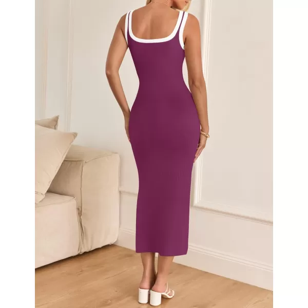 imageZESICA Womens Summer Knitted Bodycon Midi Dress 2024 Casual Sleeveless Square Neck Side Slit Vacation Long DressesFuchsia