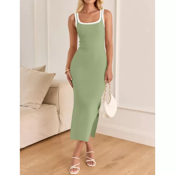 imageZESICA Womens Summer Knitted Bodycon Midi Dress 2024 Casual Sleeveless Square Neck Side Slit Vacation Long DressesGreen