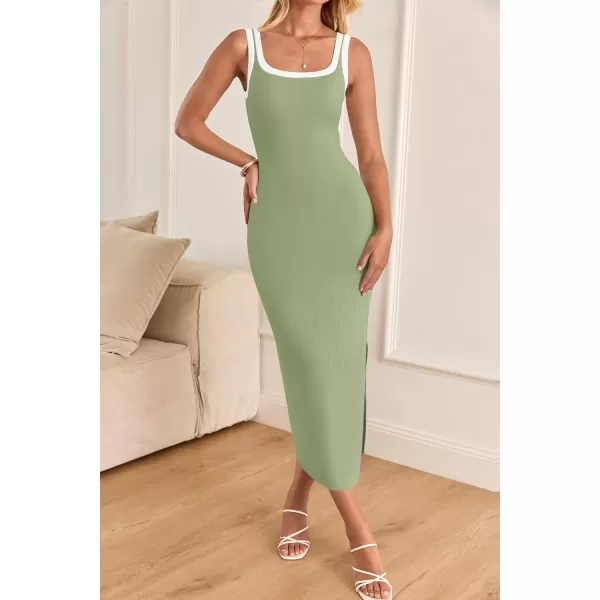 imageZESICA Womens Summer Knitted Bodycon Midi Dress 2024 Casual Sleeveless Square Neck Side Slit Vacation Long DressesGreen