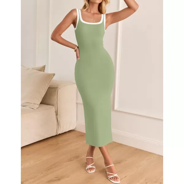 imageZESICA Womens Summer Knitted Bodycon Midi Dress 2024 Casual Sleeveless Square Neck Side Slit Vacation Long DressesGreen