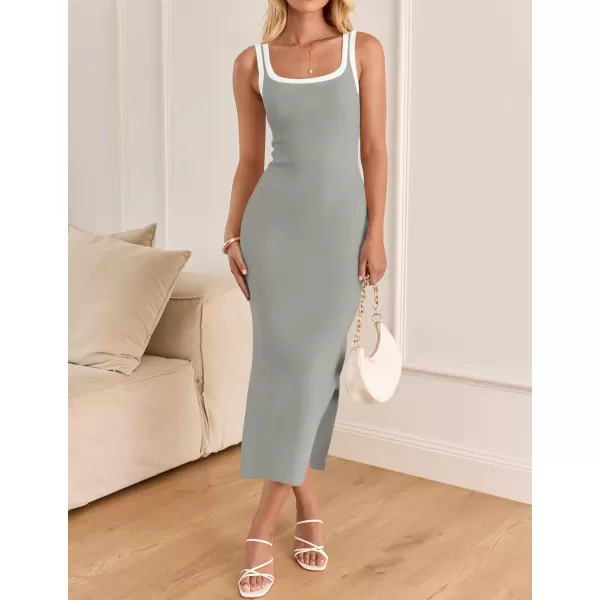 imageZESICA Womens Summer Knitted Bodycon Midi Dress 2024 Casual Sleeveless Square Neck Side Slit Vacation Long DressesGrey