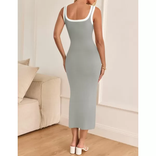imageZESICA Womens Summer Knitted Bodycon Midi Dress 2024 Casual Sleeveless Square Neck Side Slit Vacation Long DressesGrey