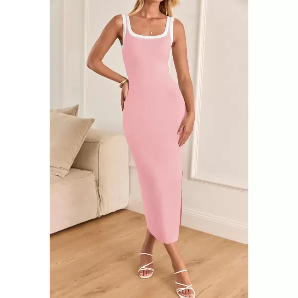 imageZESICA Womens Summer Knitted Bodycon Midi Dress 2024 Casual Sleeveless Square Neck Side Slit Vacation Long DressesPink