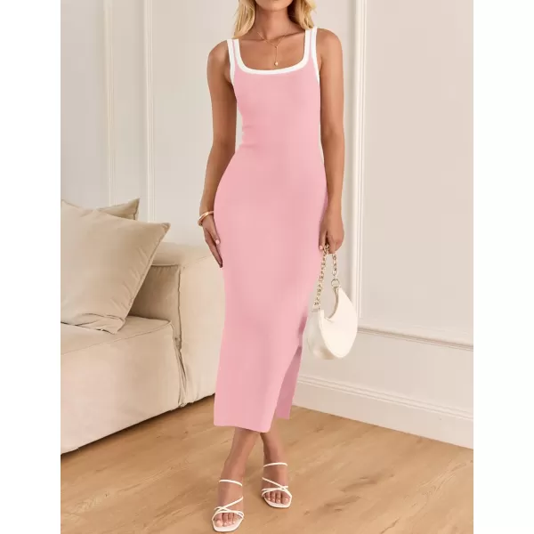 imageZESICA Womens Summer Knitted Bodycon Midi Dress 2024 Casual Sleeveless Square Neck Side Slit Vacation Long DressesPink