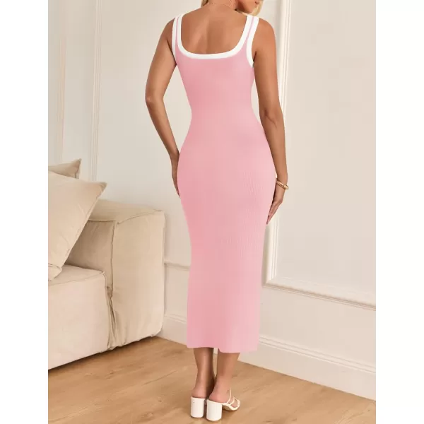imageZESICA Womens Summer Knitted Bodycon Midi Dress 2024 Casual Sleeveless Square Neck Side Slit Vacation Long DressesPink