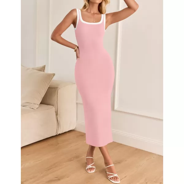 imageZESICA Womens Summer Knitted Bodycon Midi Dress 2024 Casual Sleeveless Square Neck Side Slit Vacation Long DressesPink