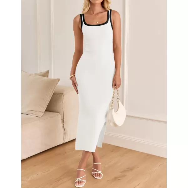 imageZESICA Womens Summer Knitted Bodycon Midi Dress 2024 Casual Sleeveless Square Neck Side Slit Vacation Long DressesWhite