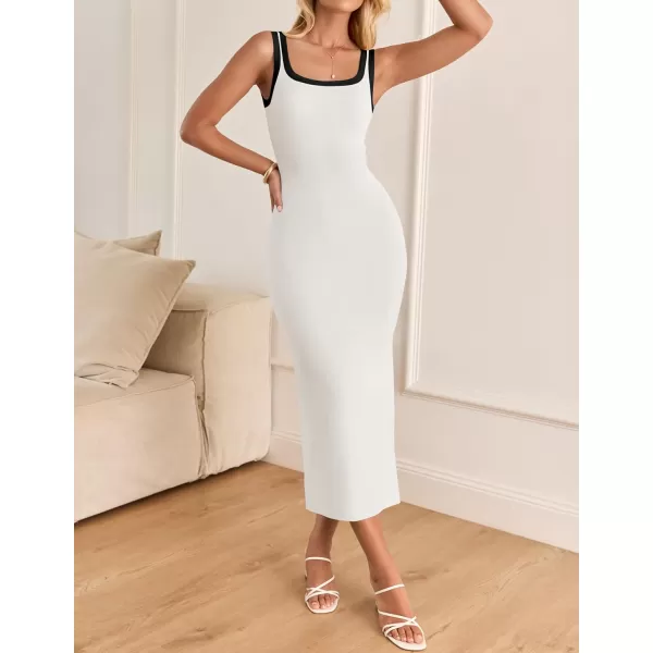 imageZESICA Womens Summer Knitted Bodycon Midi Dress 2024 Casual Sleeveless Square Neck Side Slit Vacation Long DressesWhite