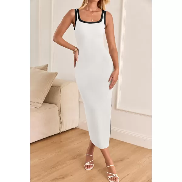 imageZESICA Womens Summer Knitted Bodycon Midi Dress 2024 Casual Sleeveless Square Neck Side Slit Vacation Long DressesWhite