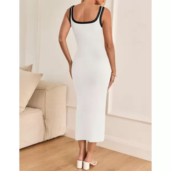 imageZESICA Womens Summer Knitted Bodycon Midi Dress 2024 Casual Sleeveless Square Neck Side Slit Vacation Long DressesWhite