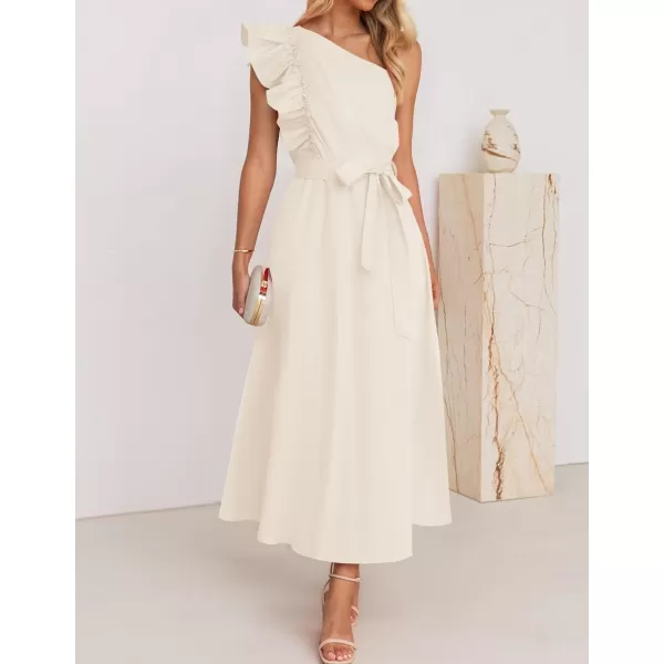 imageZESICA Womens Summer One Shoulder Ruffle Dress 2024 Sleeveless Empire Waist Boho Flowy Maxi DressesApricot