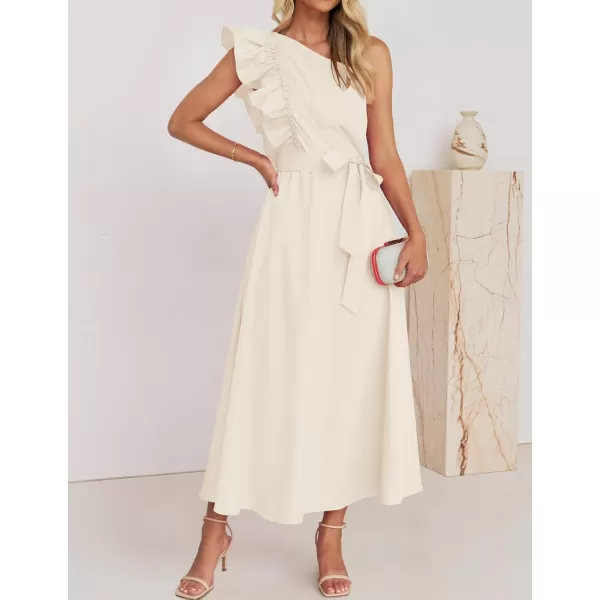 imageZESICA Womens Summer One Shoulder Ruffle Dress 2024 Sleeveless Empire Waist Boho Flowy Maxi DressesApricot