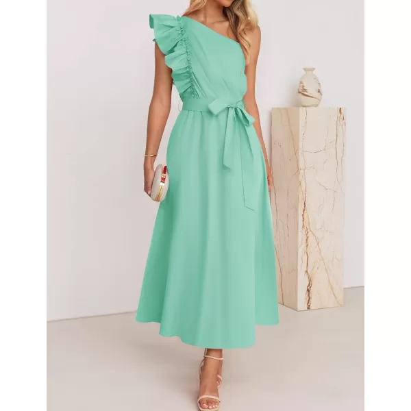 imageZESICA Womens Summer One Shoulder Ruffle Dress 2024 Sleeveless Empire Waist Boho Flowy Maxi DressesAqua
