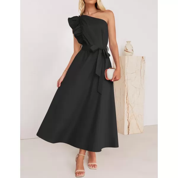 imageZESICA Womens Summer One Shoulder Ruffle Dress 2024 Sleeveless Empire Waist Boho Flowy Maxi DressesBlack