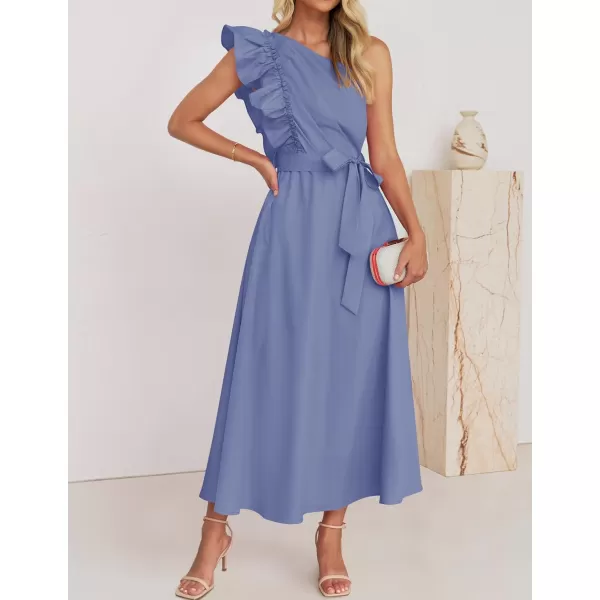 imageZESICA Womens Summer One Shoulder Ruffle Dress 2024 Sleeveless Empire Waist Boho Flowy Maxi DressesDustyblue
