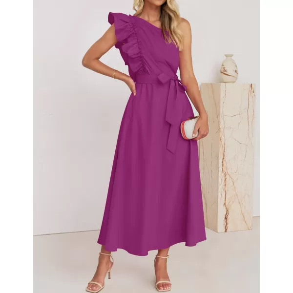imageZESICA Womens Summer One Shoulder Ruffle Dress 2024 Sleeveless Empire Waist Boho Flowy Maxi DressesEggplant
