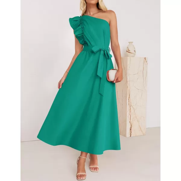 imageZESICA Womens Summer One Shoulder Ruffle Dress 2024 Sleeveless Empire Waist Boho Flowy Maxi DressesGreen