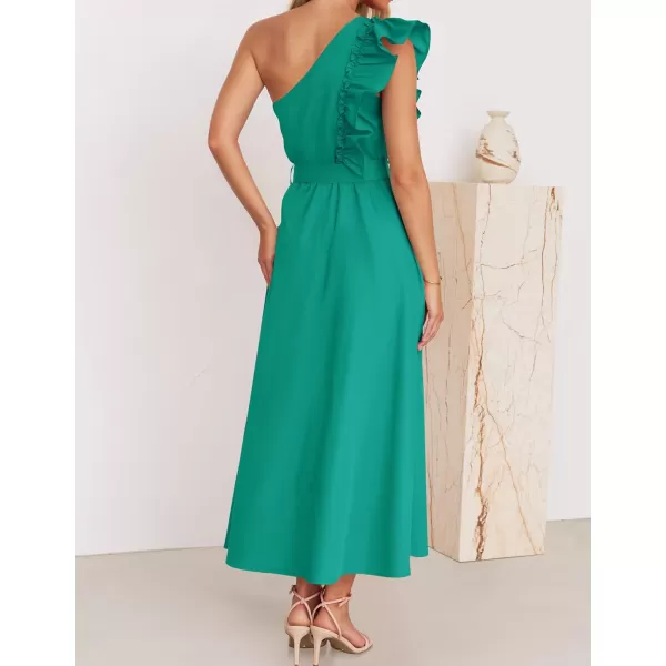 imageZESICA Womens Summer One Shoulder Ruffle Dress 2024 Sleeveless Empire Waist Boho Flowy Maxi DressesGreen