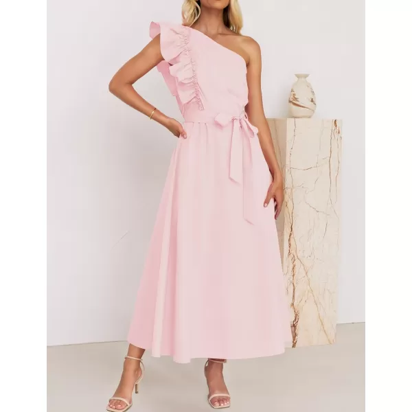 imageZESICA Womens Summer One Shoulder Ruffle Dress 2024 Sleeveless Empire Waist Boho Flowy Maxi DressesPink
