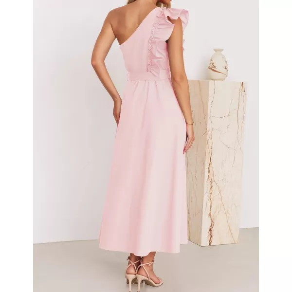 imageZESICA Womens Summer One Shoulder Ruffle Dress 2024 Sleeveless Empire Waist Boho Flowy Maxi DressesPink
