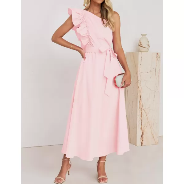imageZESICA Womens Summer One Shoulder Ruffle Dress 2024 Sleeveless Empire Waist Boho Flowy Maxi DressesPink