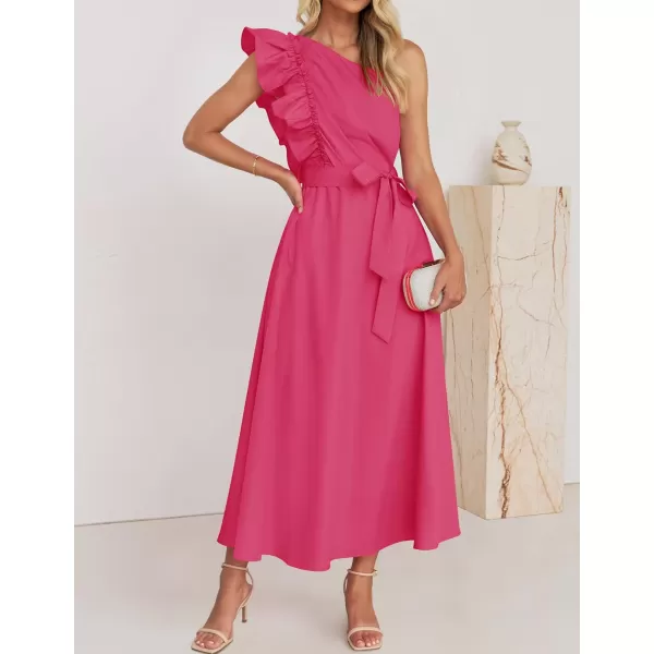 imageZESICA Womens Summer One Shoulder Ruffle Dress 2024 Sleeveless Empire Waist Boho Flowy Maxi DressesRose