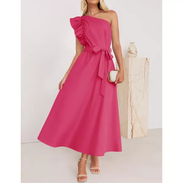 imageZESICA Womens Summer One Shoulder Ruffle Dress 2024 Sleeveless Empire Waist Boho Flowy Maxi DressesRose