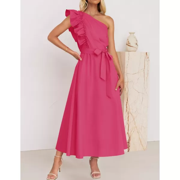 imageZESICA Womens Summer One Shoulder Ruffle Dress 2024 Sleeveless Empire Waist Boho Flowy Maxi DressesRose